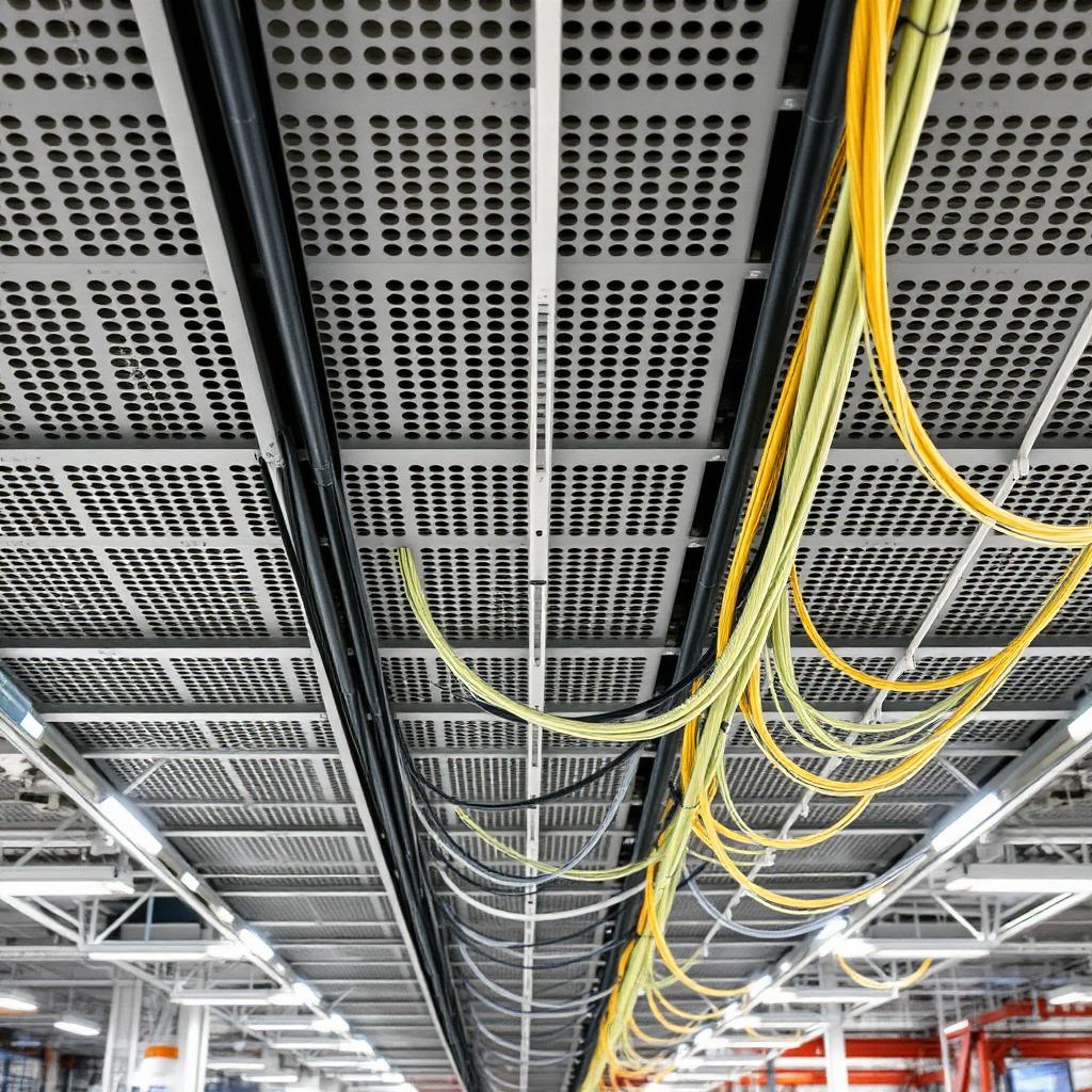 Perforated cable tray in factory ceiling