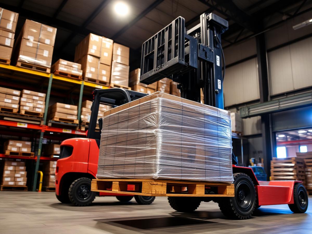 Forklift lifting a loaded steel pallet