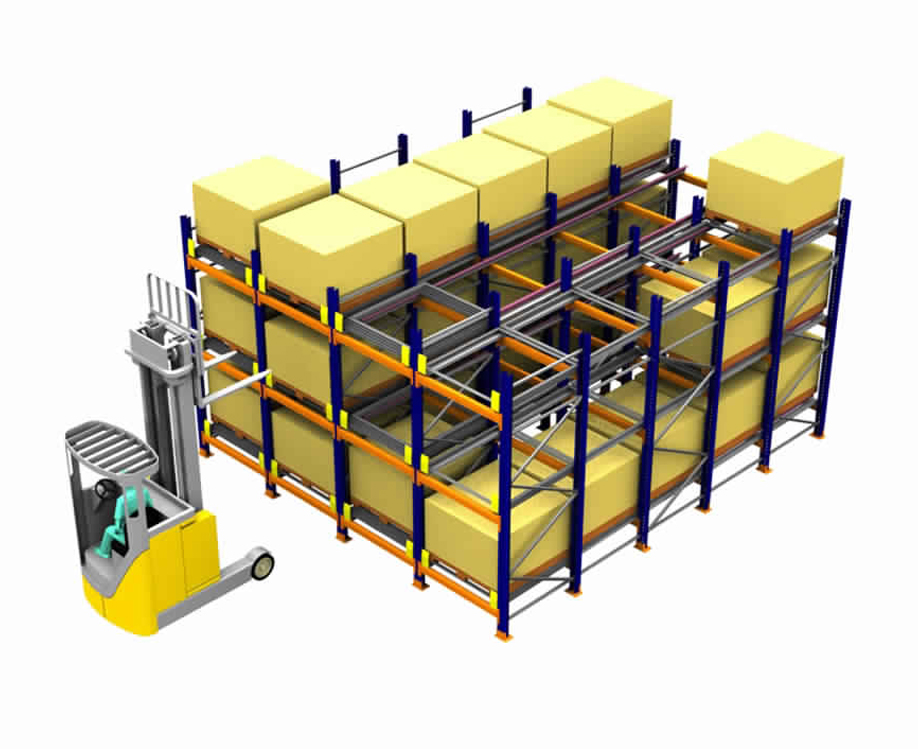 Push back pallet racking with cart