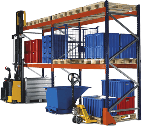MEK pallet racking with storage bins and forklift