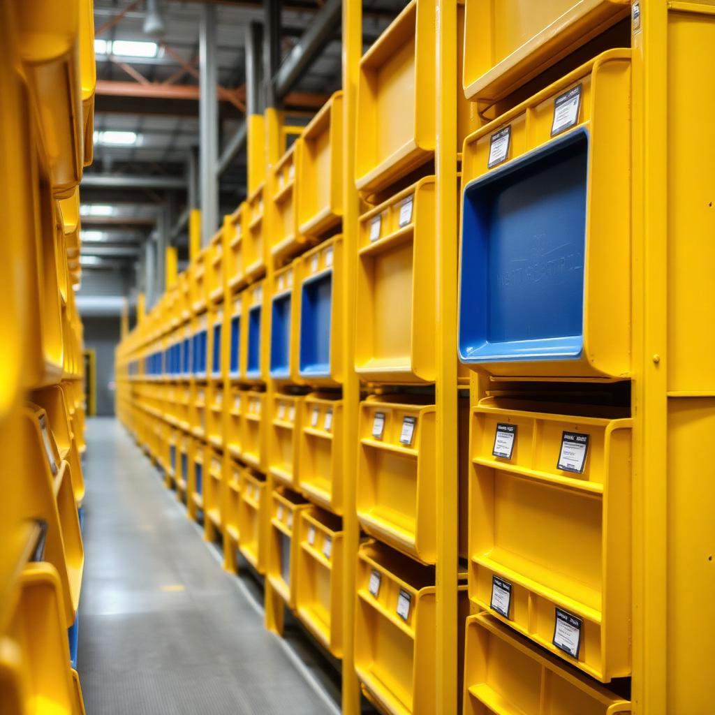 Row of yellow heavy-duty metal storage bins