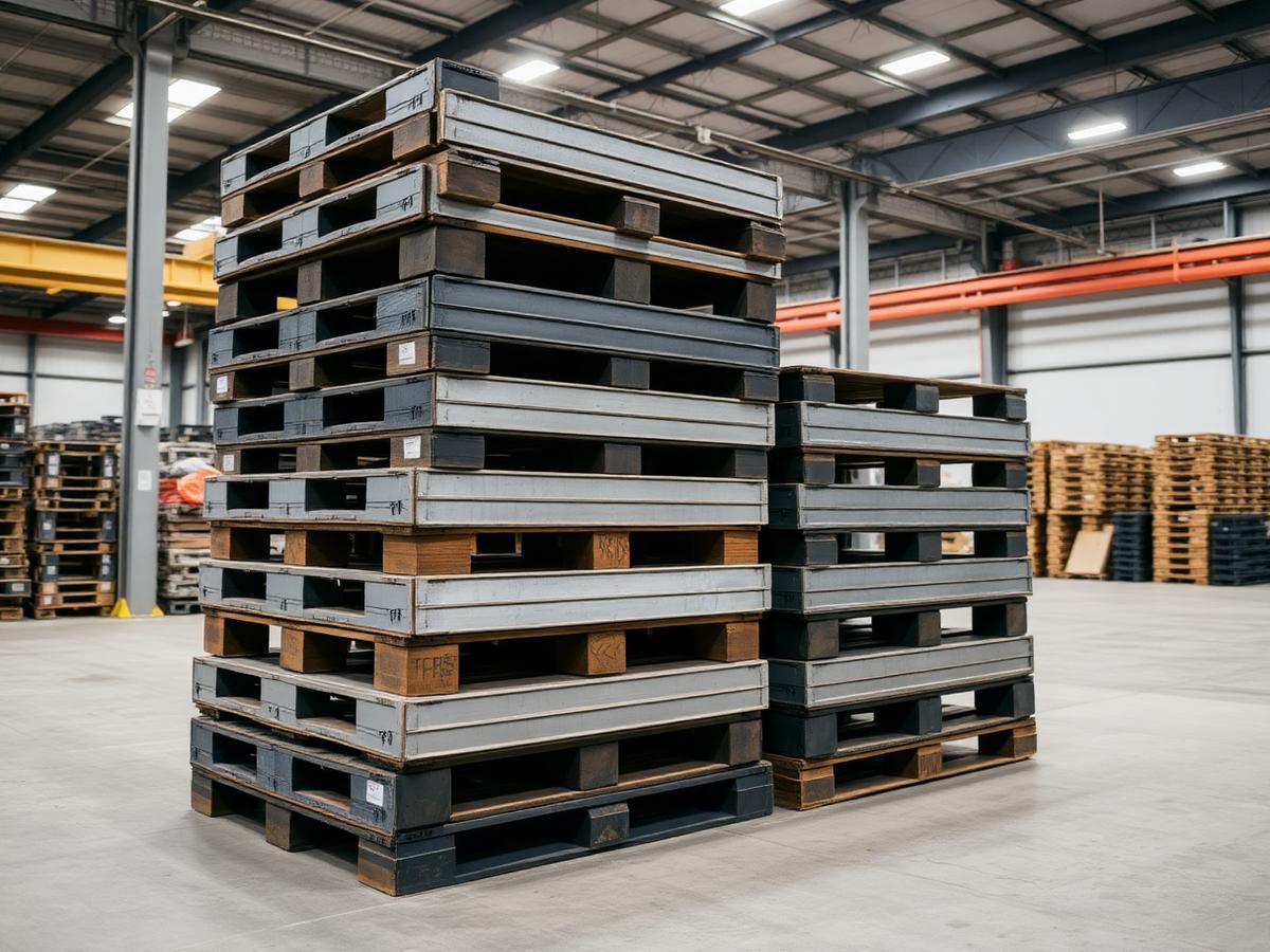 Stacked steel pallets in warehouse