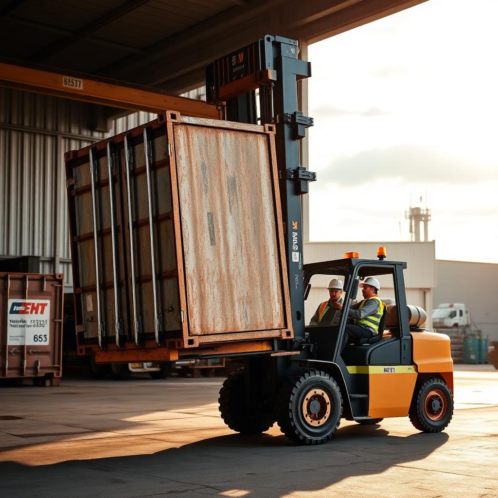 Forklift moving a metal storage bin