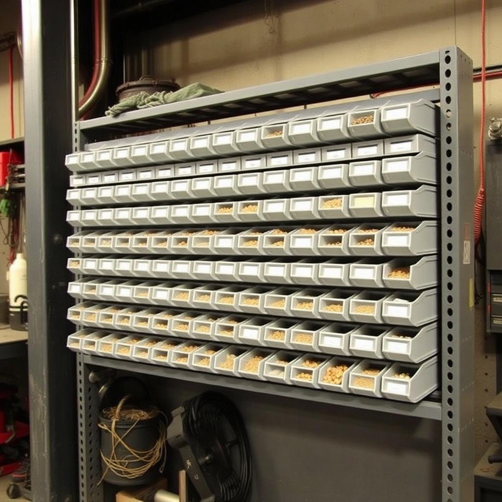 Small-parts organizer with dozens of metal bins