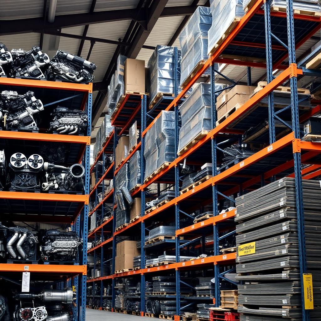 Automotive distribution warehouse with engines and panels on racking