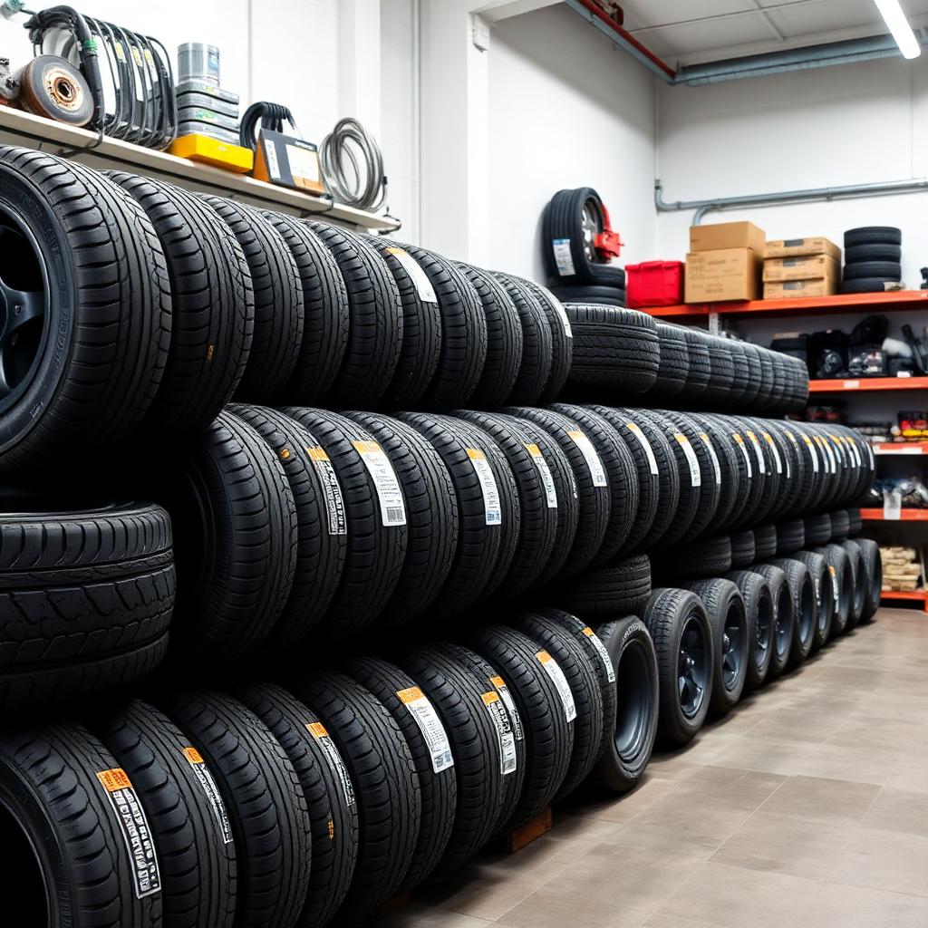 Rows of tyres stacked on automotive tyre racking