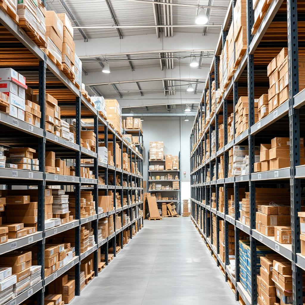 Rows of boltless rivet shelving in a bright stockroom