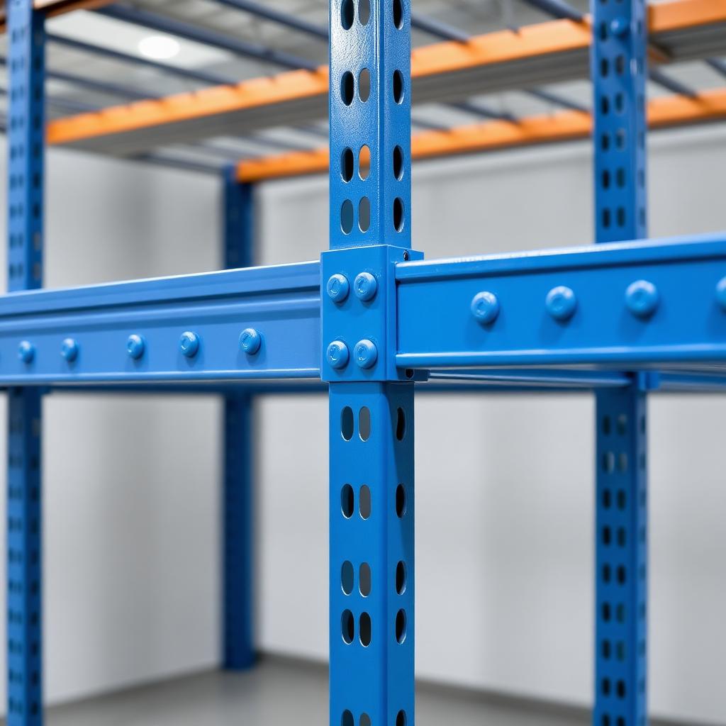 Close-up of blue boltless rivet shelving connectors