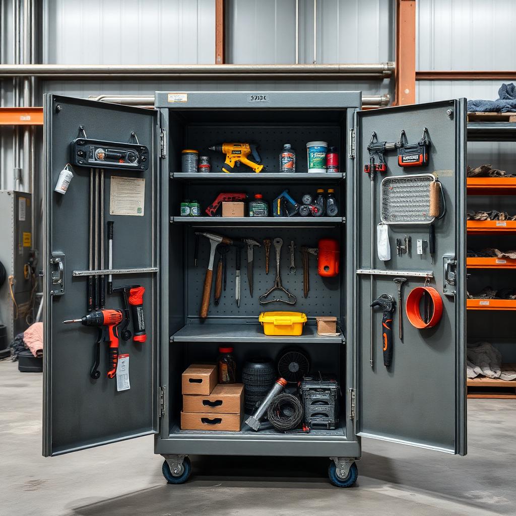 Metal storage cabinet with tools and inventory