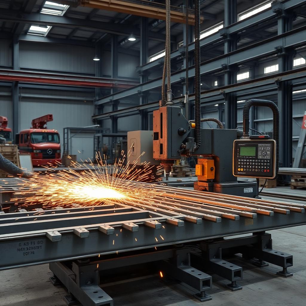 CNC machinery cutting steel beams for cantilever racks
