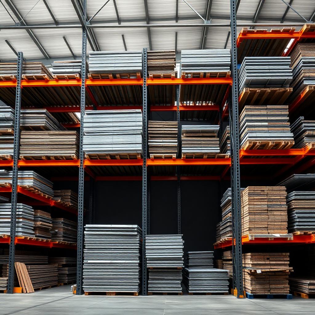 Two-bay cantilever rack holding lumber and metal sheets