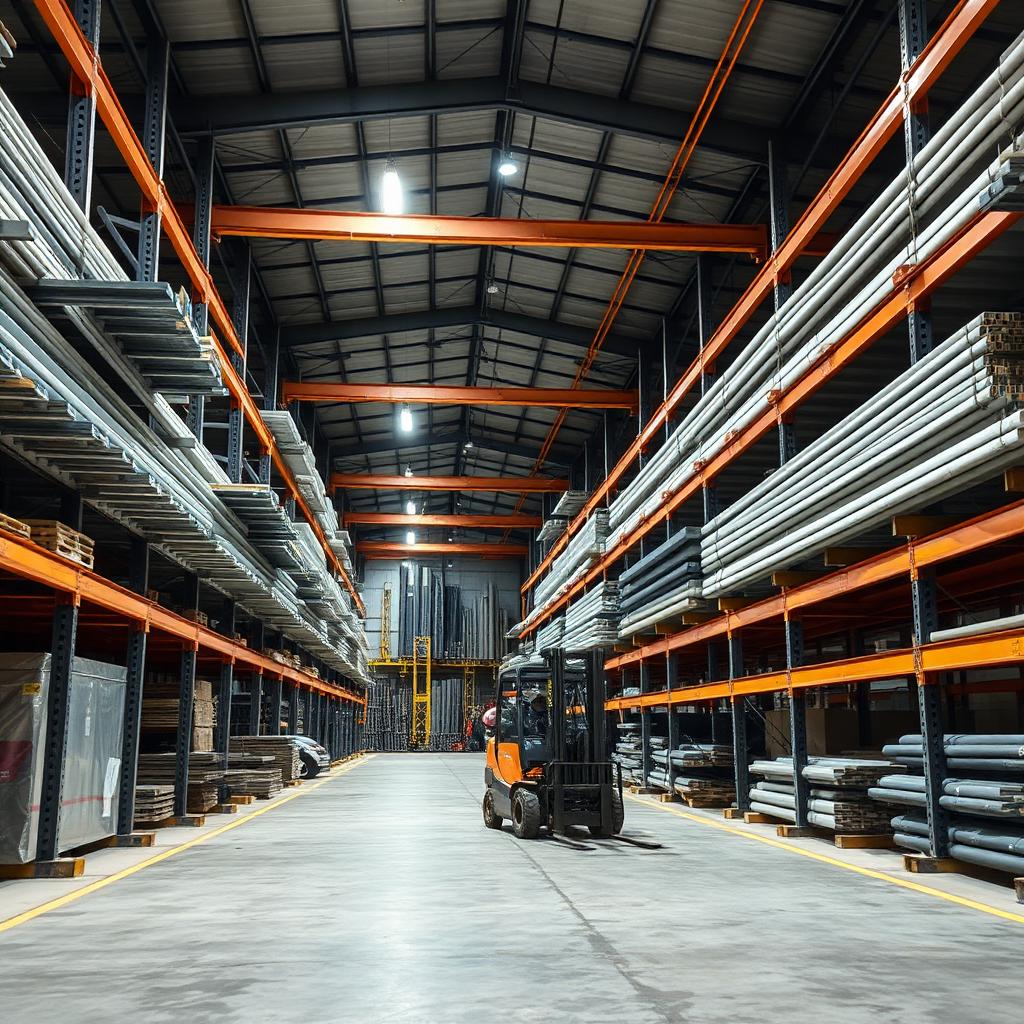 Cantilever racking in a warehouse aisle