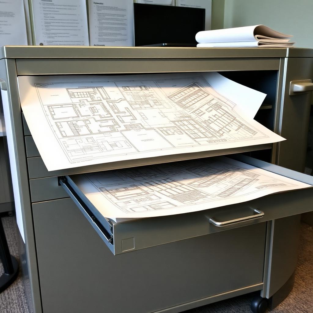 Metal drawing cabinet with flat drawers holding blueprints