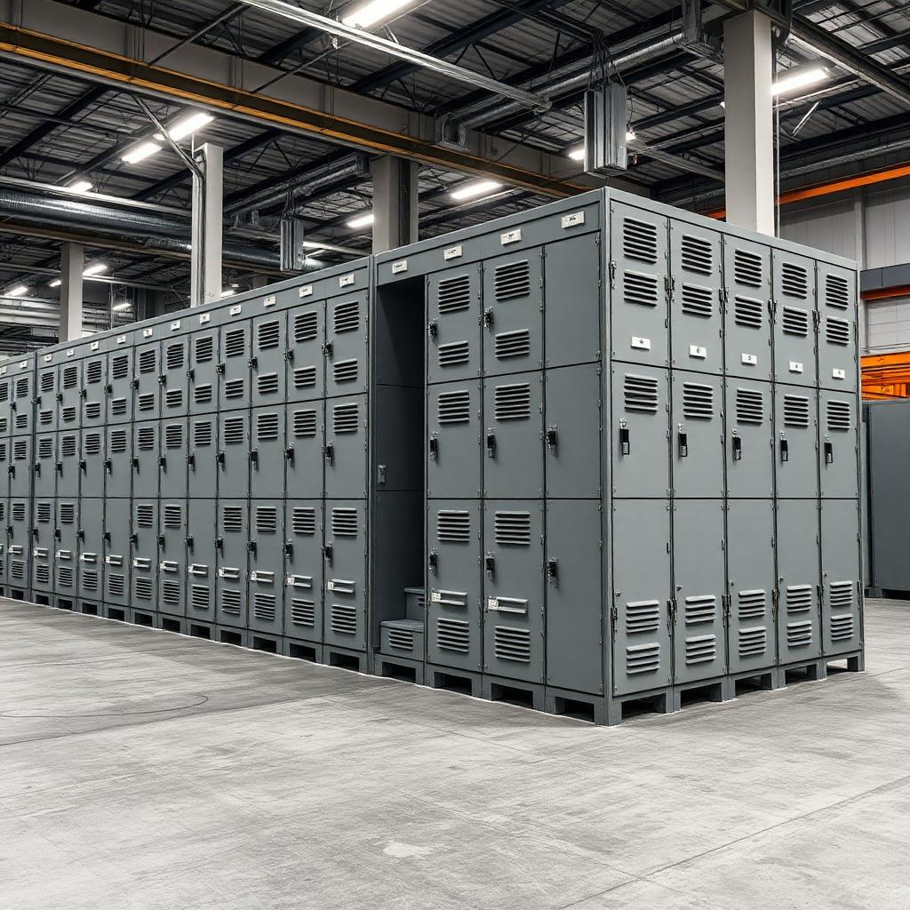 Industrial locker bank in a factory facility