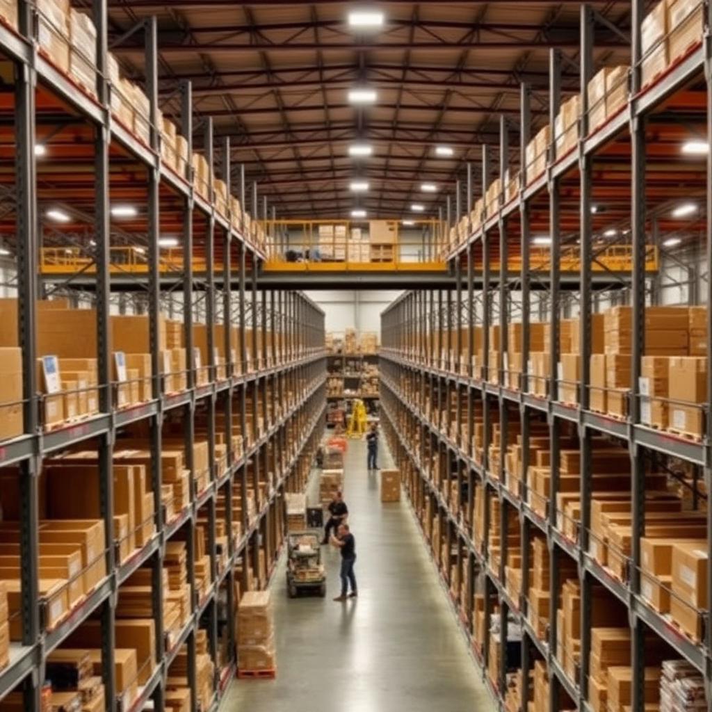 Warehouse with rows of long span shelving and a mezzanine level above