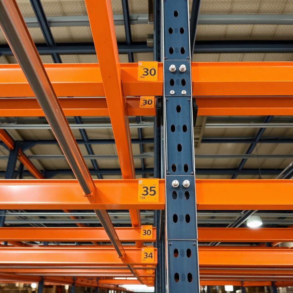 Long span shelving beams and uprights showing adjustable beam levels