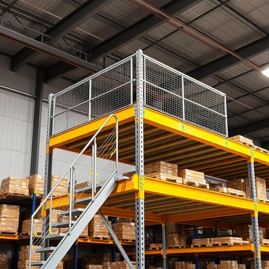 Rack-supported mezzanine with stairs above pallet racking