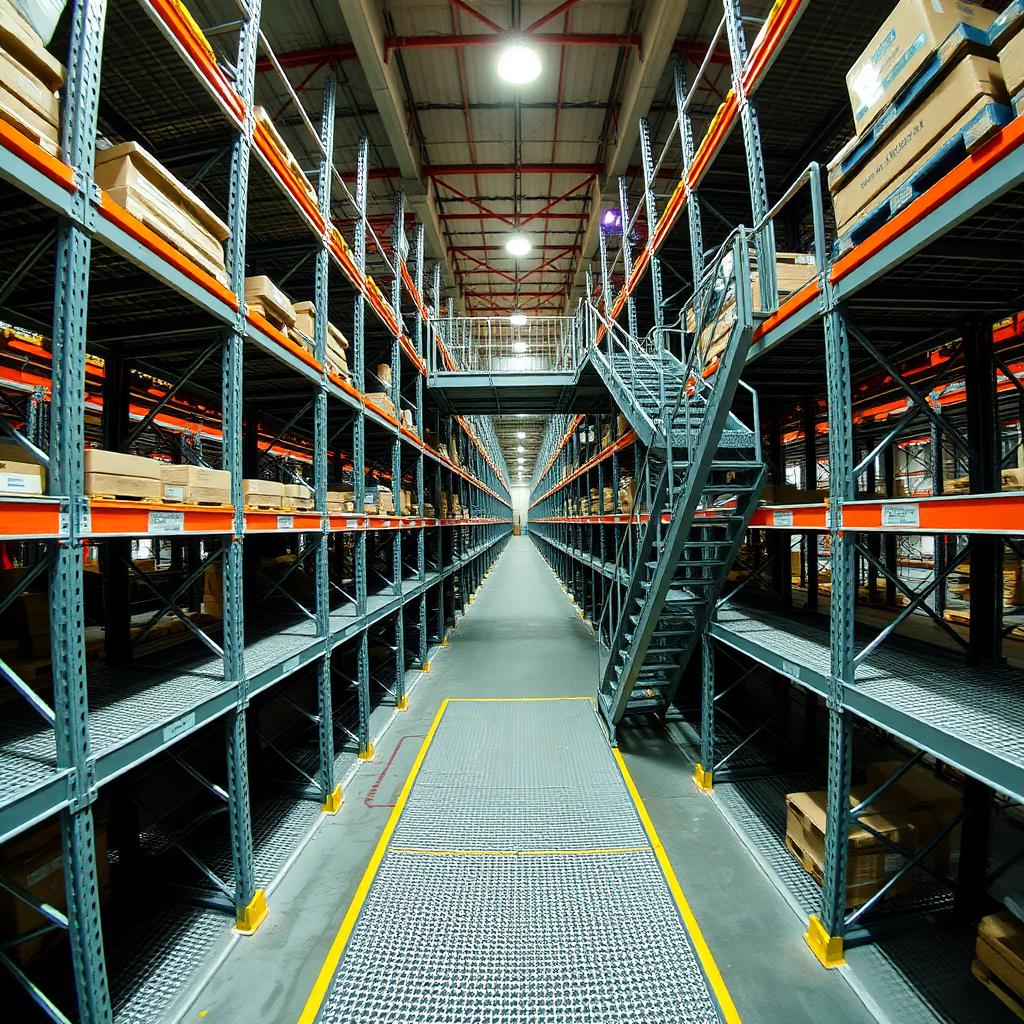 Three-tier racking system with metal stairs
