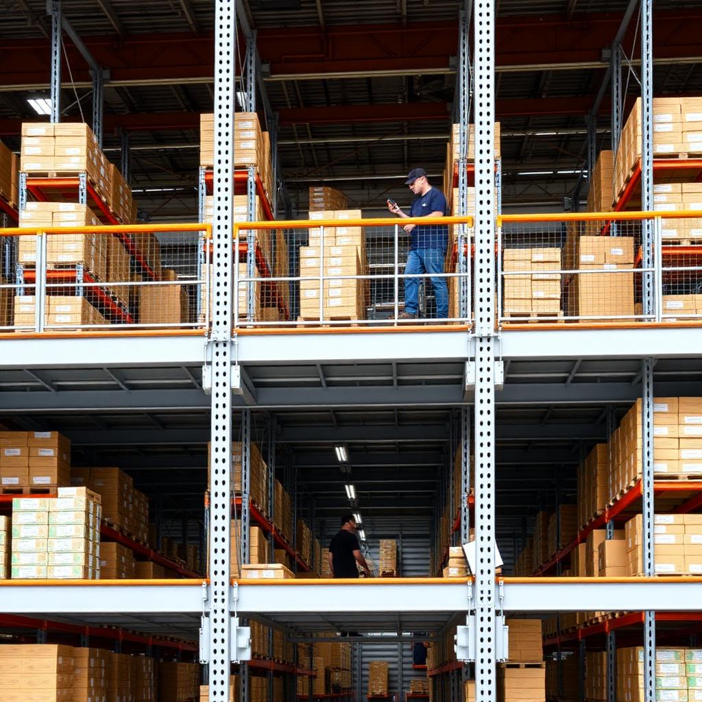 Two-tier racking system with walkway platform
