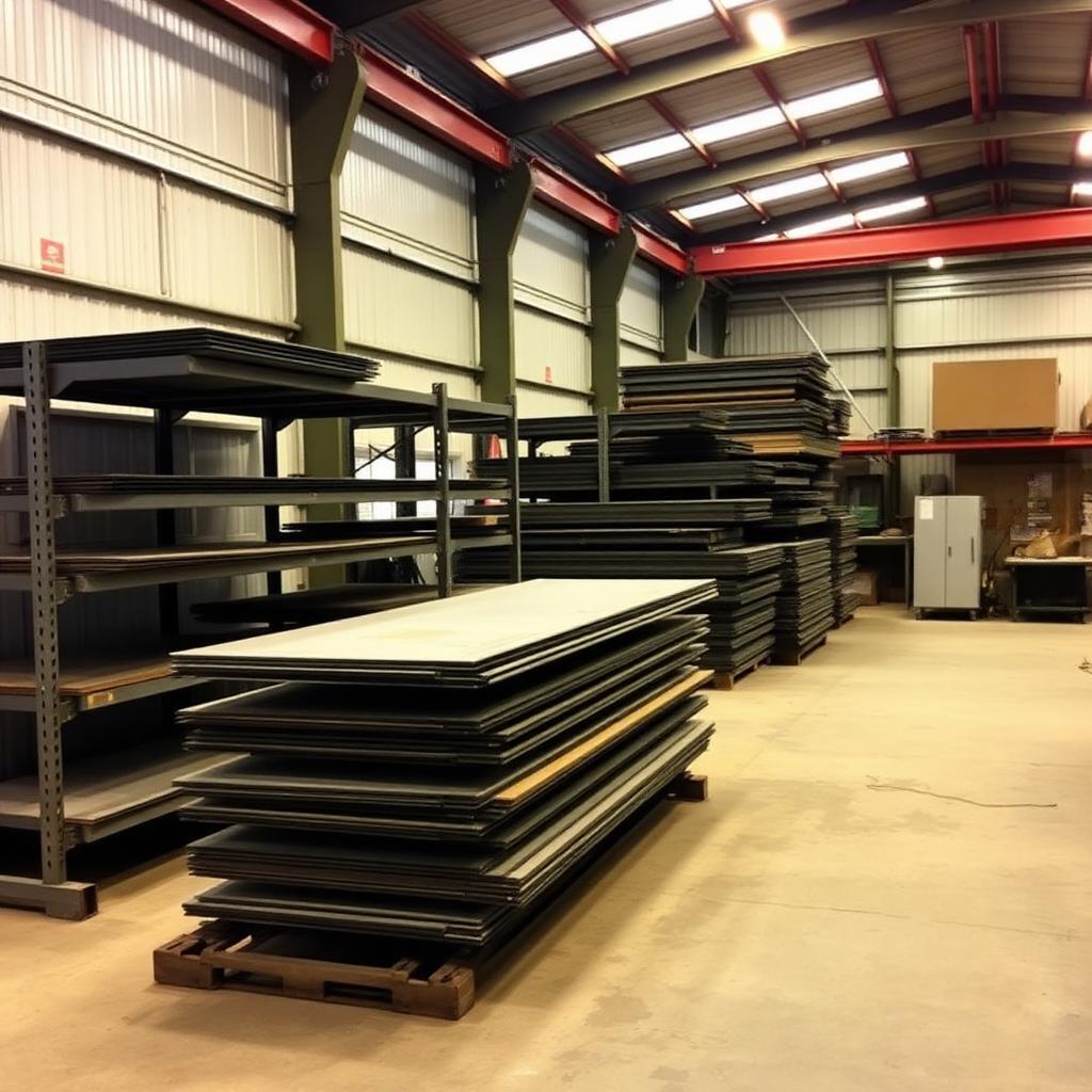 Metal fabrication workshop with stacked steel sheets