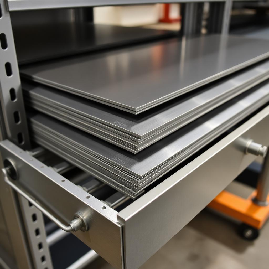 Pull-out drawer of a sheet metal storage system with stacked steel sheets
