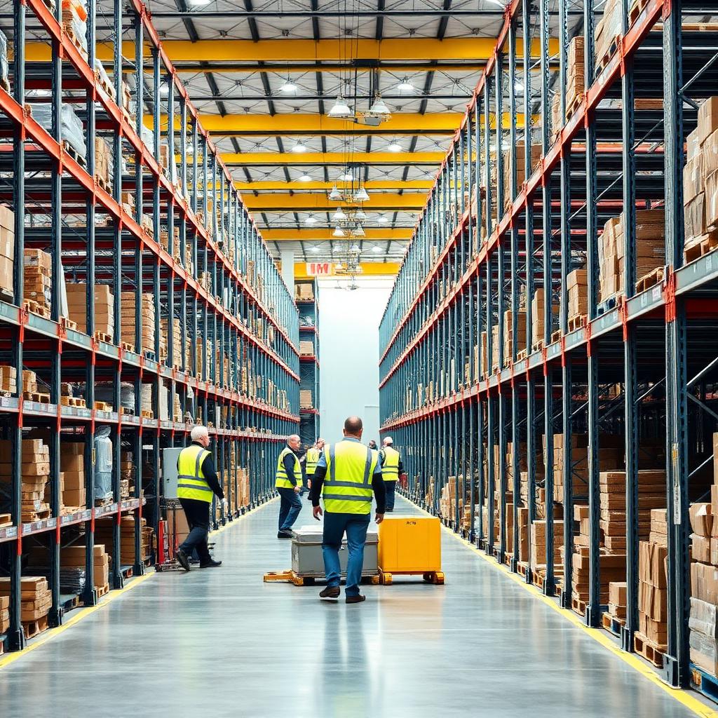 Industrial warehouse shelving systems in a large facility