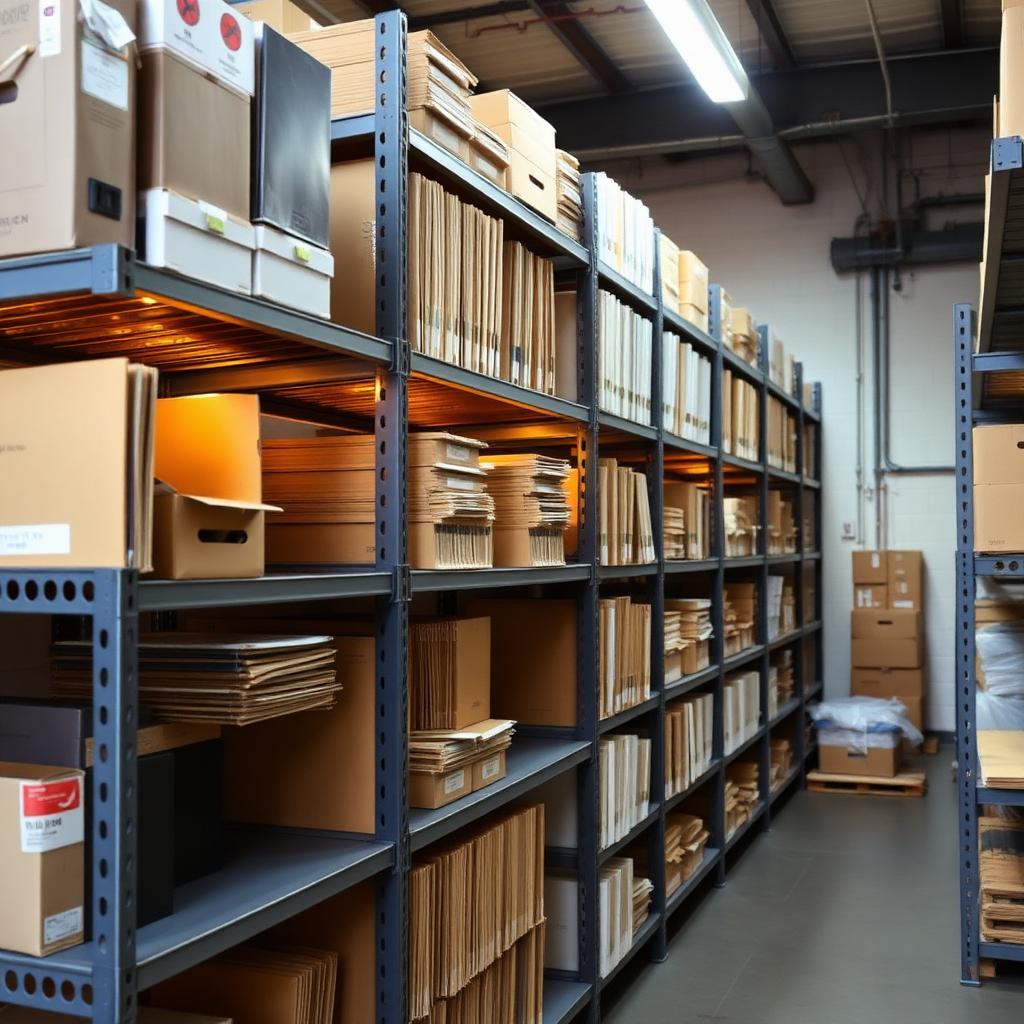 Slotted angle racks loaded with files and cartons in a stockroom