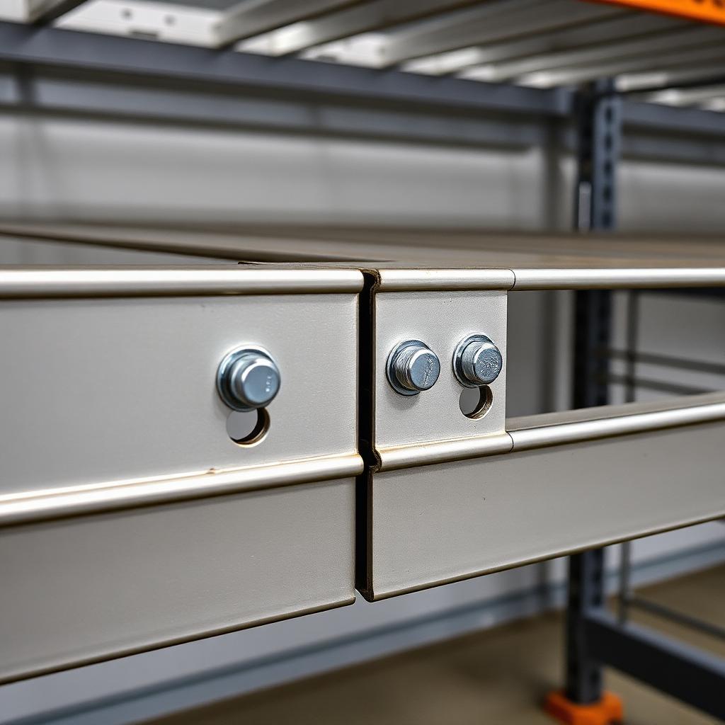 Close-up of a slotted angle steel rack showing bolted construction