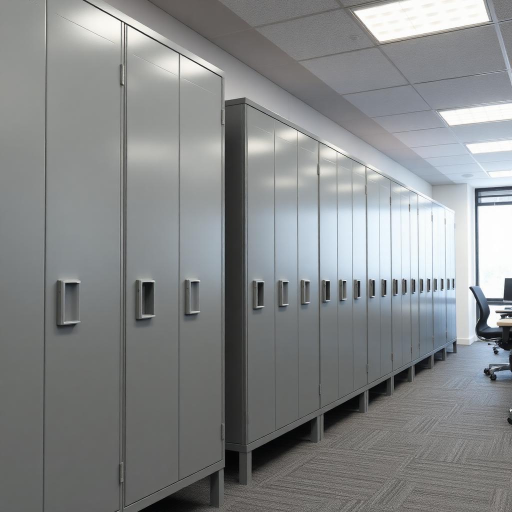 Row of grey steel storewell cabinets in office