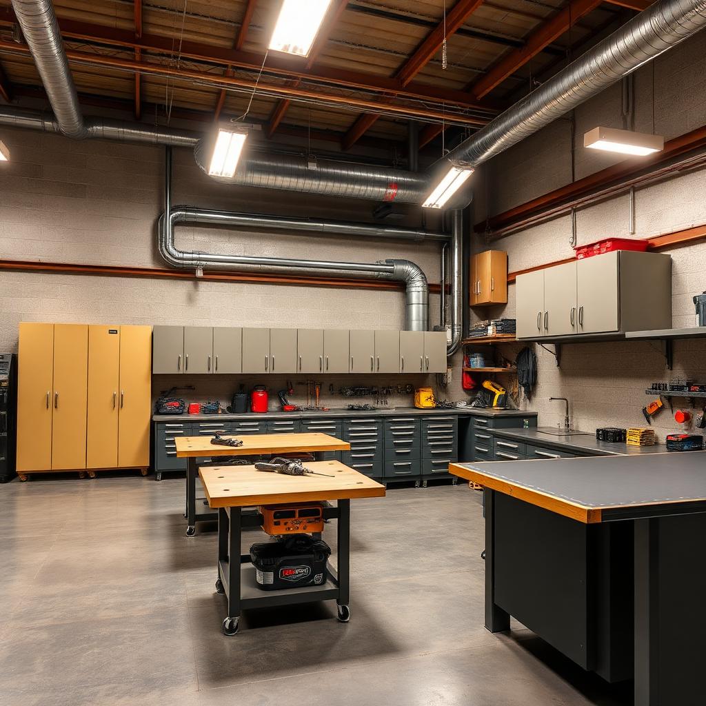 Industrial workspace with tool cabinets and workbenches
