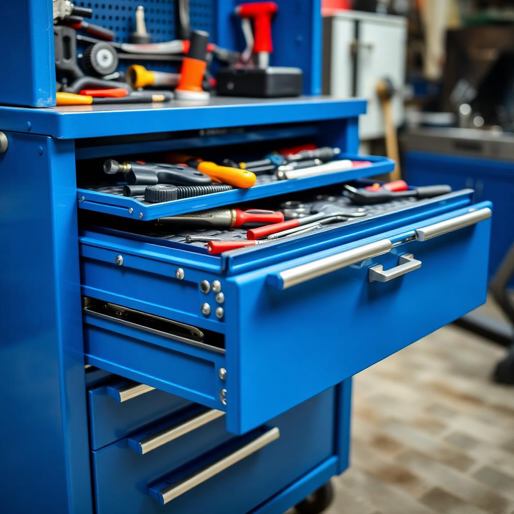 Blue metal tool storage cabinet with drawers