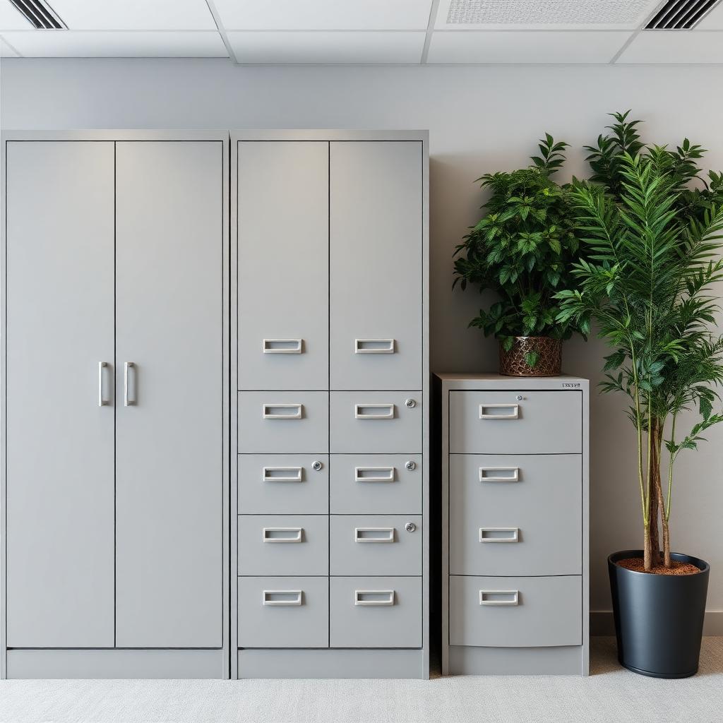 Grey vertical filing cabinets in a modern office